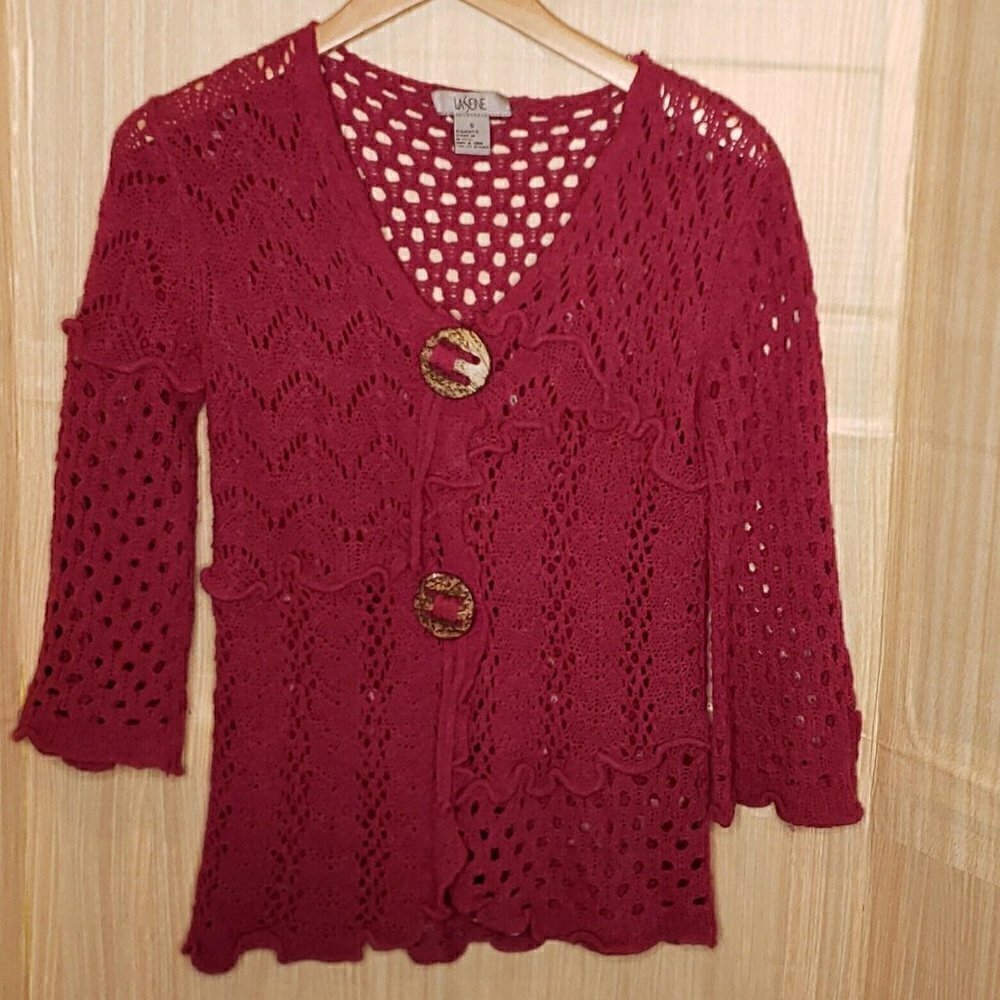 Laseine Womens Berry Purple Crochet Knit Cardigan Sweater Small